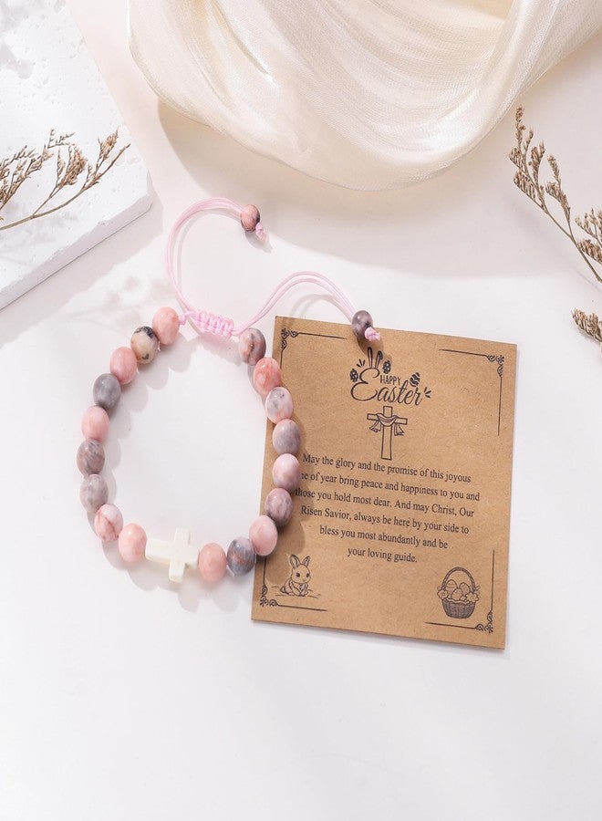 BABORI Easter Basket Stuffers Cross Bracelet Christian Religious Gifts Beads Pink Zebra Stone Jewelry - Image 5