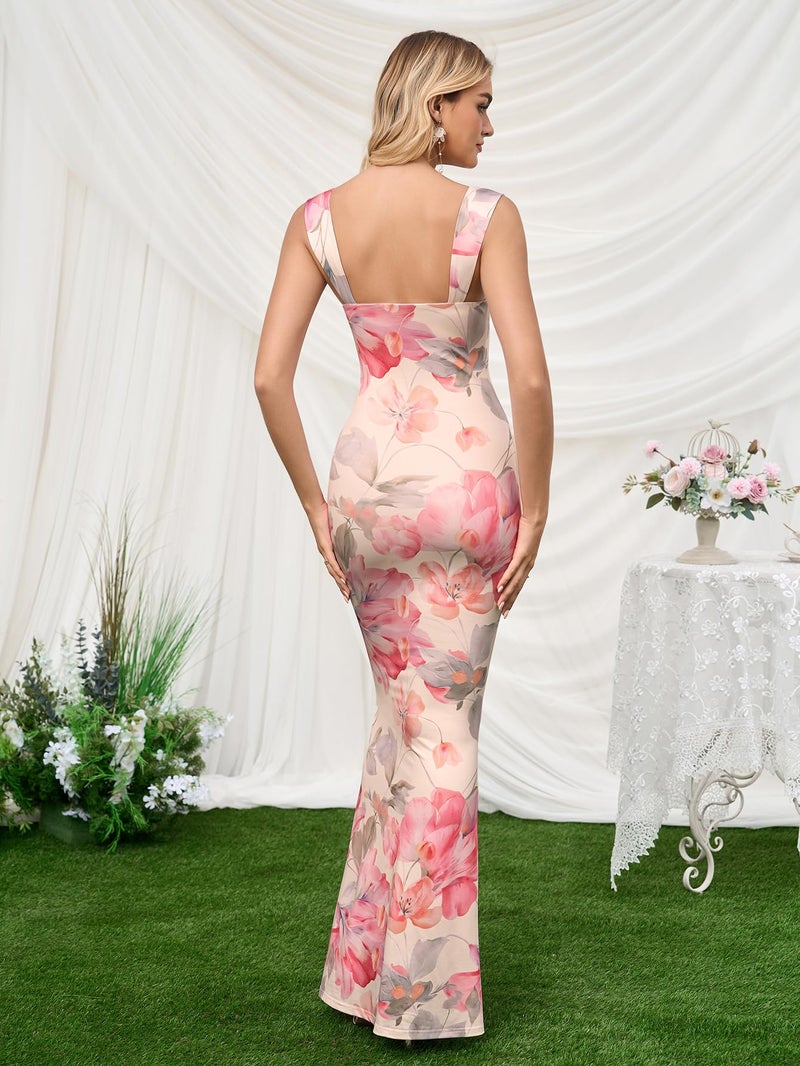 HTZMO Women Floral Wedding Guest Bodycon Maxi Dress Summer Cowl Neck Formal Party Elegant Long Dresses 2026 PinkFloral M - Image 4