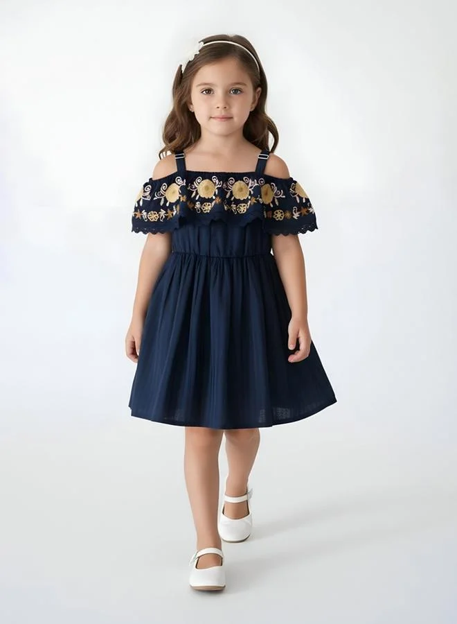 بيلا مودا Girls Navy Blue Embroidered Cold-Shoulder Midi Dress