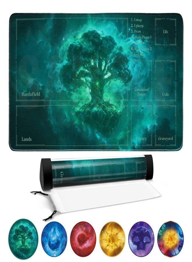 FROGIGO Stellar Forest Playmat for MTG - 24"x14" Galaxy Green Tree Game Mat with Play Zones & Prismatic Playmat Tube, Non-Slip Rubber Table Mat for Magic The Gathering - Image 1