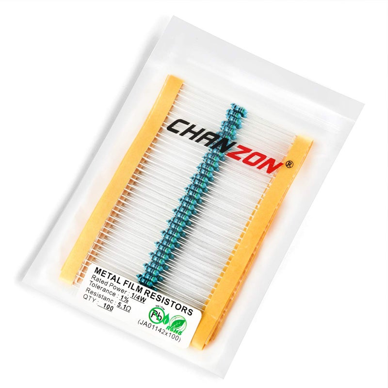 CHANZON 100 قطعة 1/4 واط (0.25 واط) 5.1 أوم مقاومة فيلم معدني ثابت 0.01 ±1% تحمل 5.1R MF مقاومات ثقب مرور محدودة التيار مع شهادة روهس - Image 3