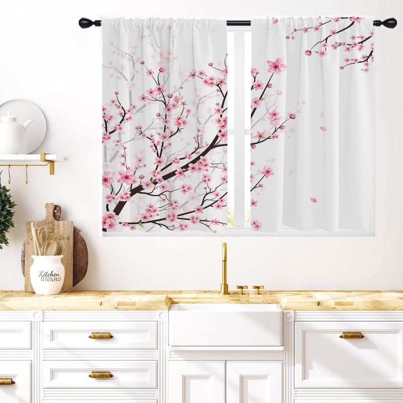 Coxila Pink Kitchen Window Curtains 275 x 39 Inch Small Short Mini Cherry Blossom Cafe Rod Pocket Floral Flower Japanese Living Bedroom Room Home Treatment Set of 2 Curtain Panels Drapes Tiers