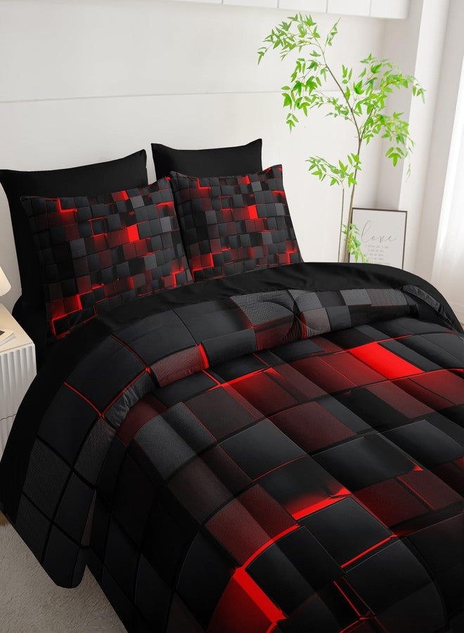 Nttopship Geometric Red Black King Comforter Set,Light Honeycomb Bedding Set 7 Piece in A Bag,Bed Sheet Set Geometry Decor,Microfiber Lightweight All Season - Image 3