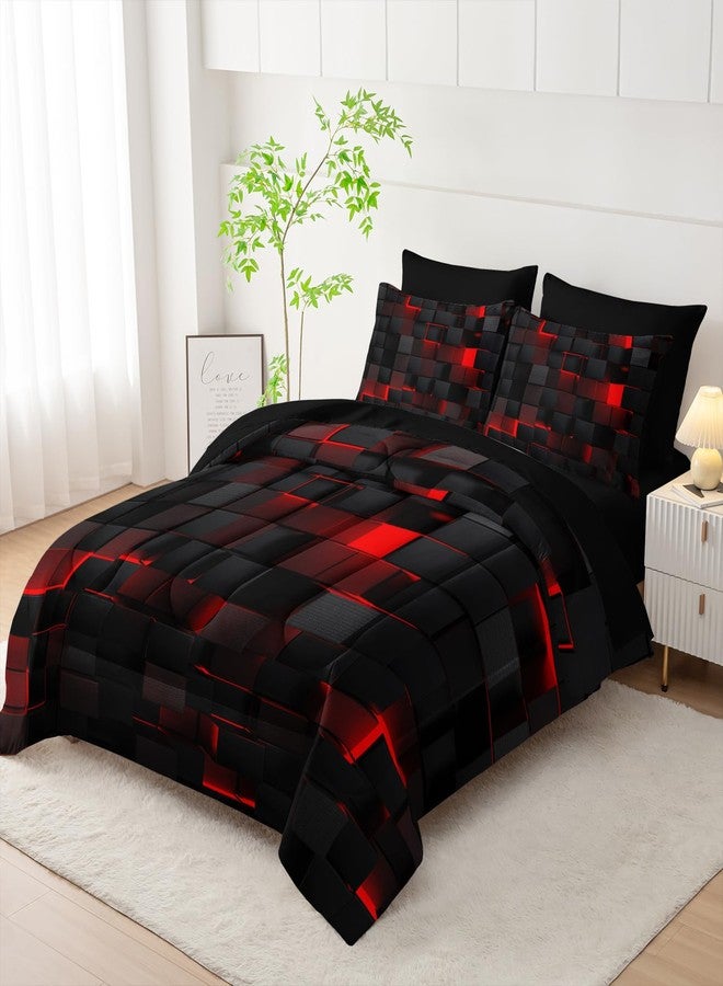 Nttopship Geometric Red Black King Comforter Set,Light Honeycomb Bedding Set 7 Piece in A Bag,Bed Sheet Set Geometry Decor,Microfiber Lightweight All Season - Image 2