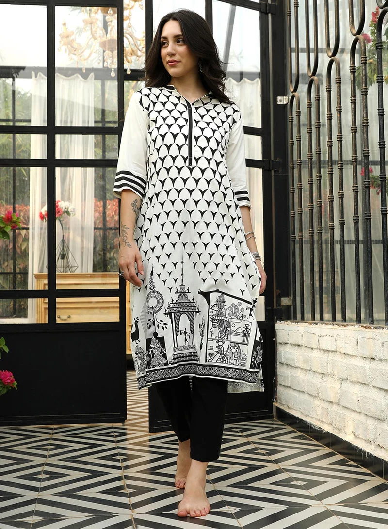 QISSA Women's Off-White Contrast Ethnic Print Kurta With Off-White Trousers Set