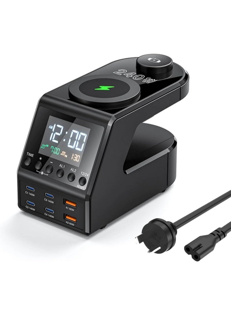 BlueFire 240W GaN Charger Station 10-in-1: Smart Desktop Charger with Digital Clock, Dual Alarm, 4x140W USB-C PD3.1 Fast Charging Hub for MacBook Pro, 15W Wireless Charger for iPhone 15/S24, 5W Watch Charger, Universal QC3.0/PD/PPS for Laptops, Tablets, Phones – 240W Max Power All-in-One Organizer - Image 1