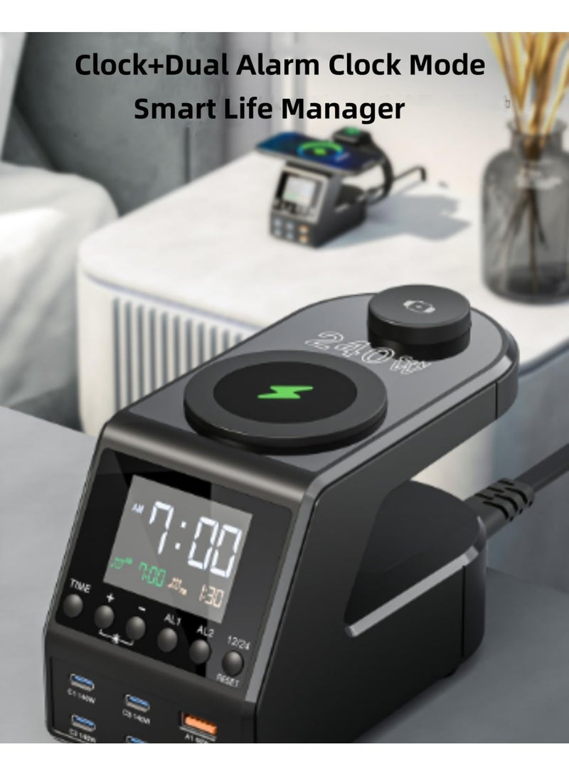 BlueFire 240W GaN Charger Station 10-in-1: Smart Desktop Charger with Digital Clock, Dual Alarm, 4x140W USB-C PD3.1 Fast Charging Hub for MacBook Pro, 15W Wireless Charger for iPhone 15/S24, 5W Watch Charger, Universal QC3.0/PD/PPS for Laptops, Tablets, Phones – 240W Max Power All-in-One Organizer - Image 4