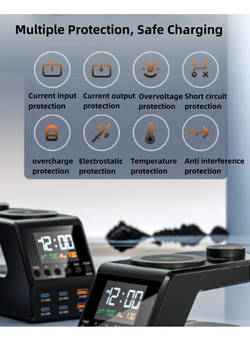 BlueFire 240W GaN Charger Station 10-in-1: Smart Desktop Charger with Digital Clock, Dual Alarm, 4x140W USB-C PD3.1 Fast Charging Hub for MacBook Pro, 15W Wireless Charger for iPhone 15/S24, 5W Watch Charger, Universal QC3.0/PD/PPS for Laptops, Tablets, Phones – 240W Max Power All-in-One Organizer - Image 2