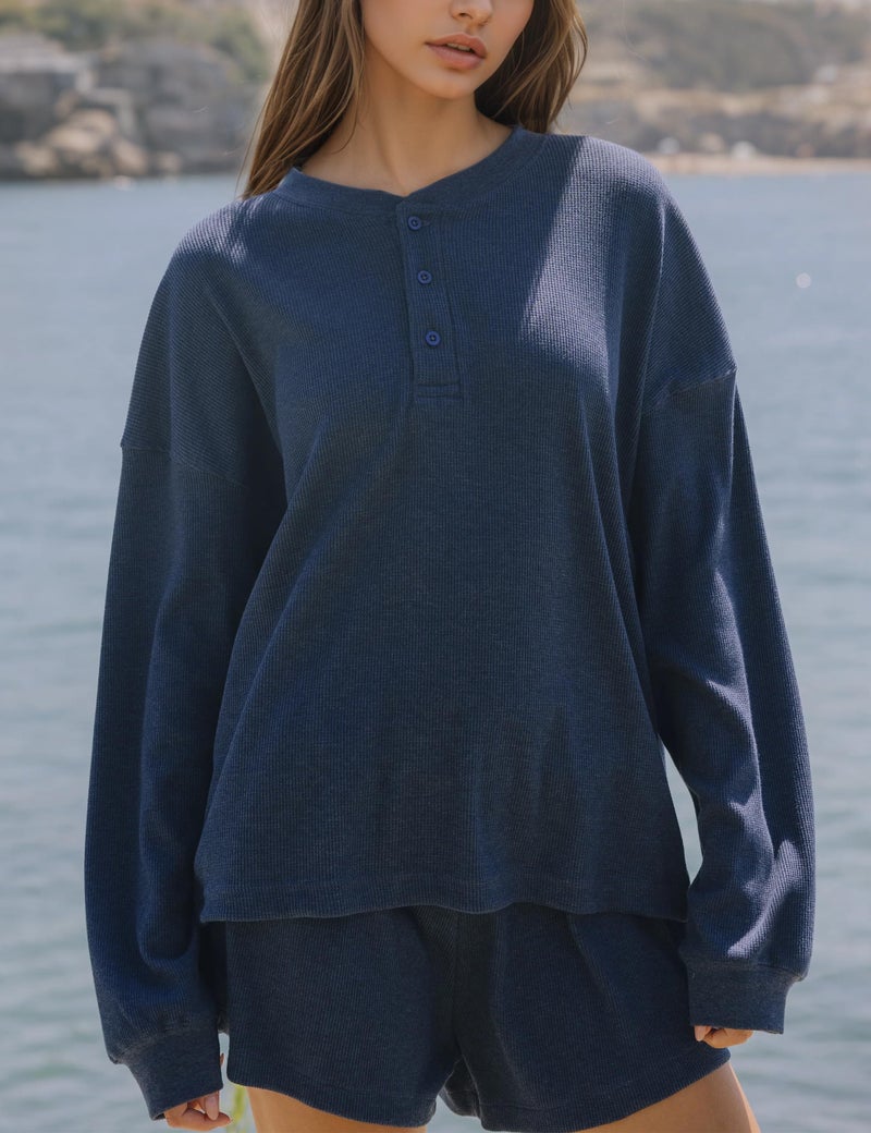 MISSACTIVER Waffle Knit Lounge Sets for Women Long Sleeve Oversized Sweatshirt Elastic Waist Shorts Fall 2 Piece Matching Set - Image 2