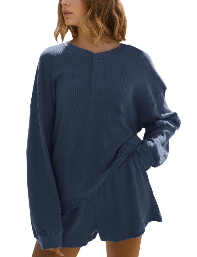 MISSACTIVER Waffle Knit Lounge Sets for Women Long Sleeve Oversized Sweatshirt Elastic Waist Shorts Fall 2 Piece Matching Set - Image 1