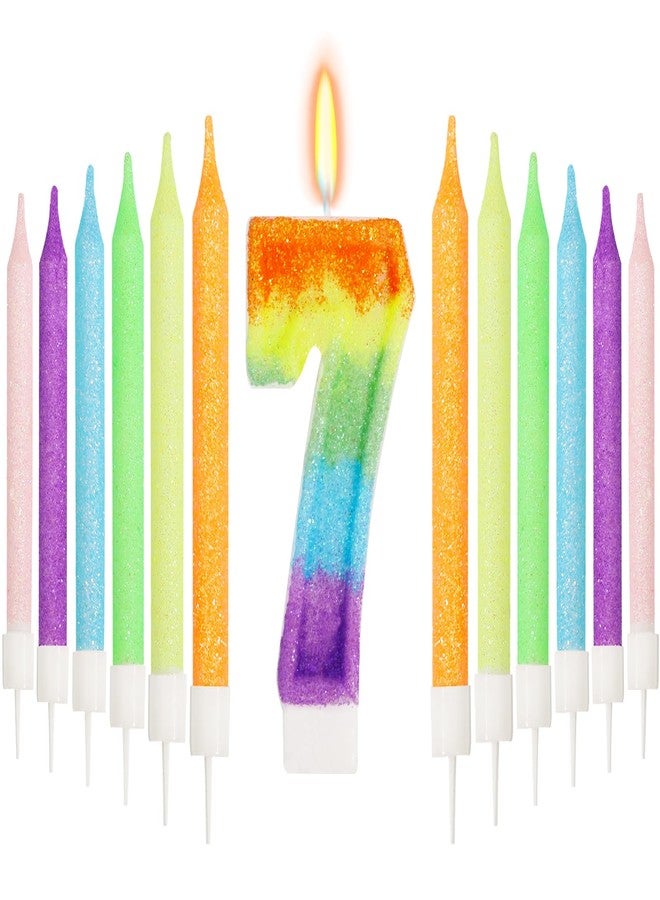 OGnomiFX Rainbow 7th Number Candle for Cake, 13 Pcs Birthday Candles Set, Rainbow Cake Topper Birthday Party Decorations (Number 7) - Image 1