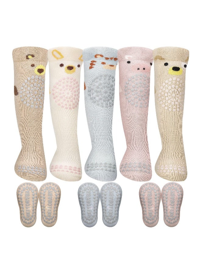 5 Pairs Knee High Toddler Grip Socks, Non Slip Baby Crawling Socks Anti Skid Crawling Newborn Socks for Boy Girl Infant, baby protection socks, 5 Colors - Image 1