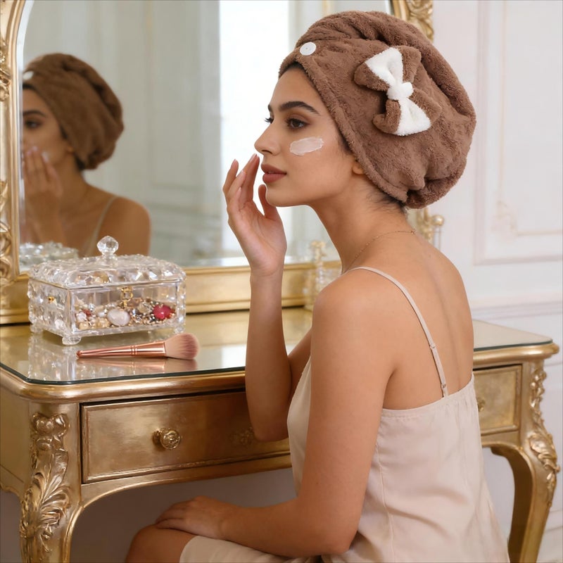 غطاء شعر من الصوف المرجاني السميك بقوس، منشفة سريعة التجفيف ماصة - 26.38 × 10.63 بوصة بني - Image 2