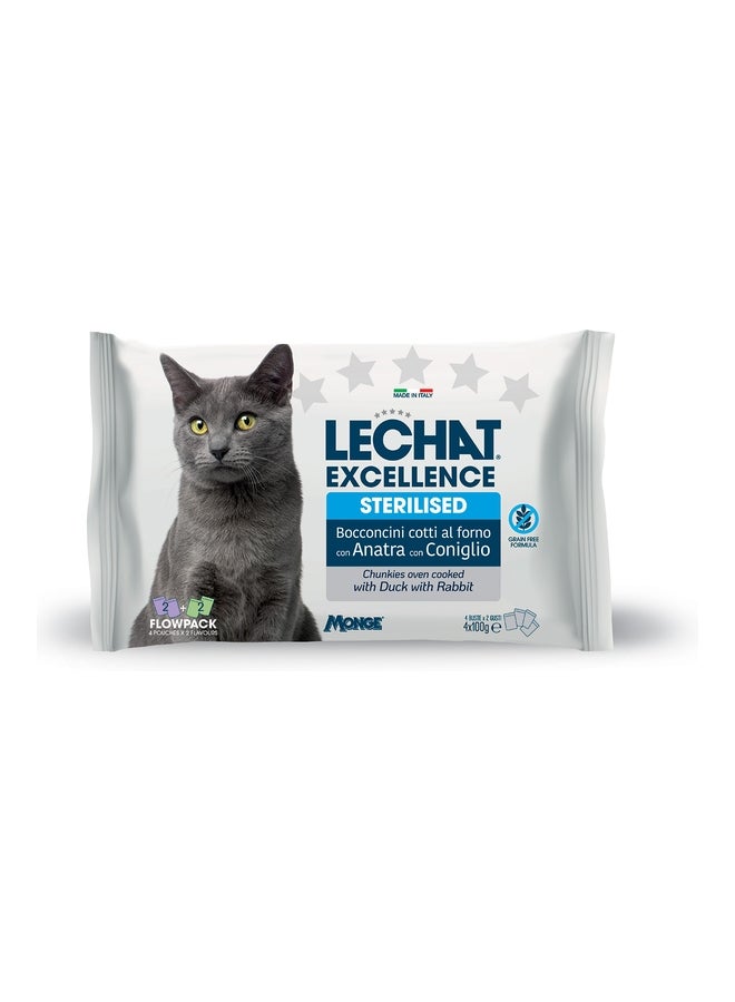 Monge LeChat Excellence Flowpack Pouches Sterilised chunkies with Duck and with Rabbit 4*100g