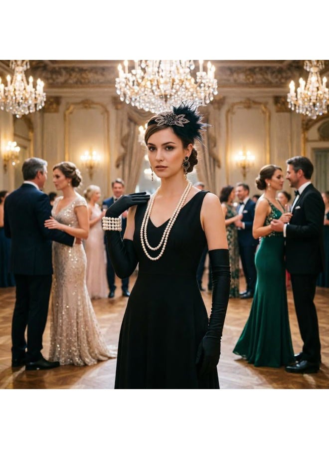 DRESHOW 1920s Great Gatsby Accessories Set for Women Flapper Costume Accessories Feather Headband Roaring 20s Accessories Set, 1920s Gatsby Black Gold Floral Accent Headband Set, One size - Image 3