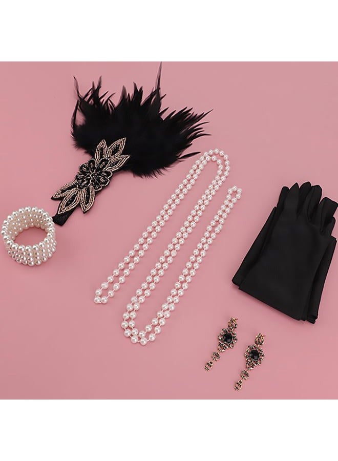 DRESHOW 1920s Great Gatsby Accessories Set for Women Flapper Costume Accessories Feather Headband Roaring 20s Accessories Set, 1920s Gatsby Black Gold Floral Accent Headband Set, One size - Image 4