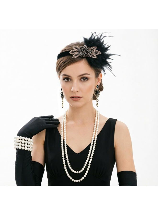 DRESHOW 1920s Great Gatsby Accessories Set for Women Flapper Costume Accessories Feather Headband Roaring 20s Accessories Set, 1920s Gatsby Black Gold Floral Accent Headband Set, One size - Image 2