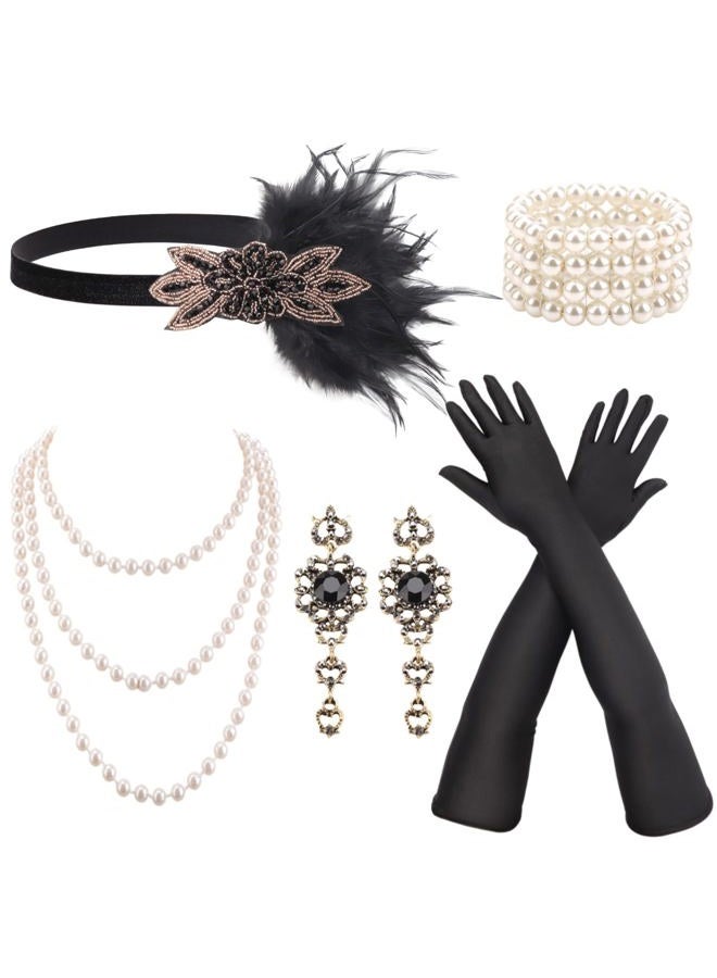 DRESHOW 1920s Great Gatsby Accessories Set for Women Flapper Costume Accessories Feather Headband Roaring 20s Accessories Set, 1920s Gatsby Black Gold Floral Accent Headband Set, One size - Image 1