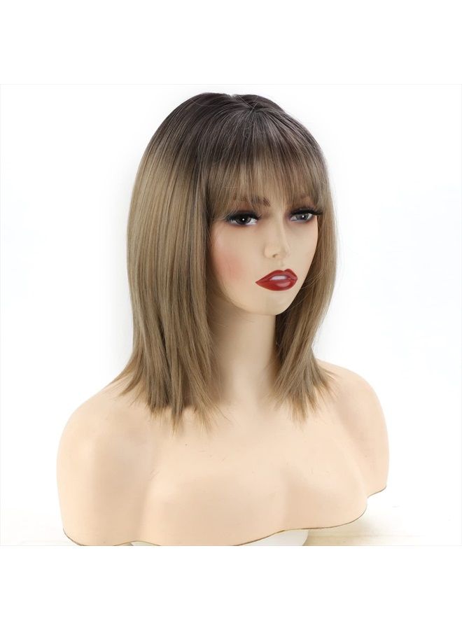 RENERSHOW Short Ombre Blonde Wig with Bangs Layered Straight Bob Synthetic Wigs for Women Mixed Blond Wig with Dark Roots Natural Looking Daily Party Wig(14inch) - Image 2