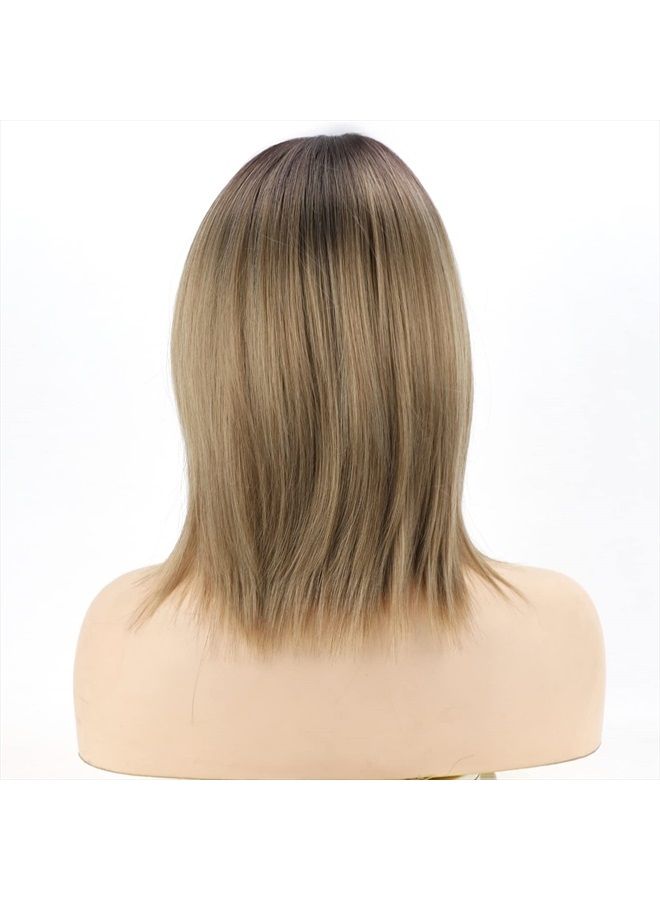RENERSHOW Short Ombre Blonde Wig with Bangs Layered Straight Bob Synthetic Wigs for Women Mixed Blond Wig with Dark Roots Natural Looking Daily Party Wig(14inch) - Image 3