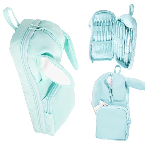 DEOXY Polyester Large Capacity Pencil Pouch for Girls & Boys with 3 Zippers & 5 Compartments | Waterproof Aesthetic Cute Bunny Ears Standing Pencil Case for Kids, Multiutility Pouch (Sea Green) - Image 1