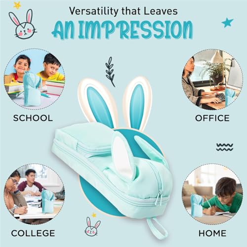 DEOXY Polyester Large Capacity Pencil Pouch for Girls & Boys with 3 Zippers & 5 Compartments | Waterproof Aesthetic Cute Bunny Ears Standing Pencil Case for Kids, Multiutility Pouch (Sea Green) - Image 2