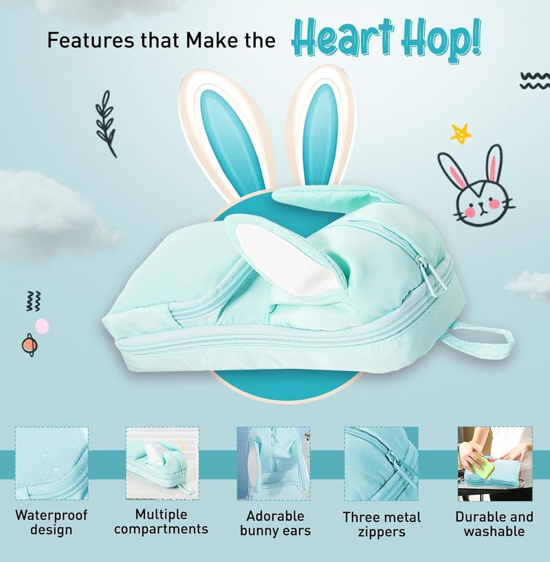 DEOXY Polyester Large Capacity Pencil Pouch for Girls & Boys with 3 Zippers & 5 Compartments | Waterproof Aesthetic Cute Bunny Ears Standing Pencil Case for Kids, Multiutility Pouch (Sea Green) - Image 5