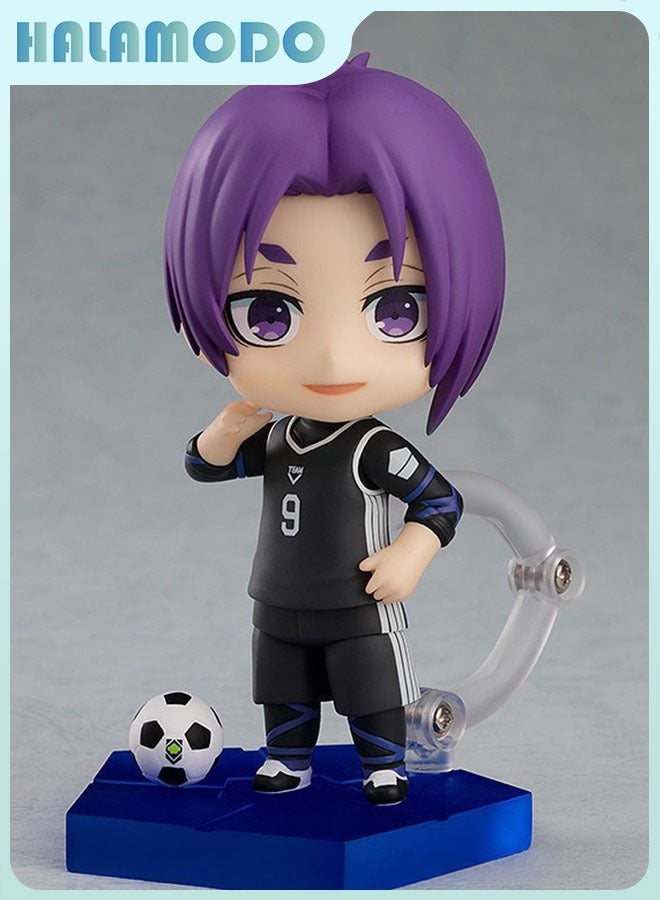 HALAMODO Blue Lock 10cm Chibi Reo Mikage Anime Figure，Stylish Pose with Soccer Jersey, Adorable Desk Ornament and Chic Birthday Gift 
