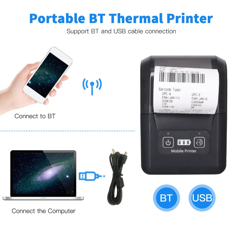Thermal Label Printer 58mm Portable BT Receipt Printer - Wireless USB Connection 203dpi High-Speed Clear Print for Restaurant Shop Ordering - Image 4