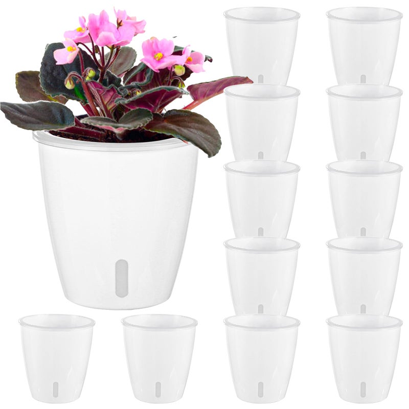 KvyusFlourish SelfWatering Pots for Indoor Plants 12Pack 5 Self Watering Planter with Drainage Holes Small African Violet Pots with Water Indicator Clear Wick Pot White - Image 2