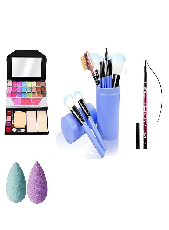 DATNASAYAD 6155 Makeup Kit With 12Pcs Blue Makeup Brushes Set, 1 36H Eyeliner with 2 Multicolour Beauty Blenders for Women and Girl - (Pack of 16) - Image 1