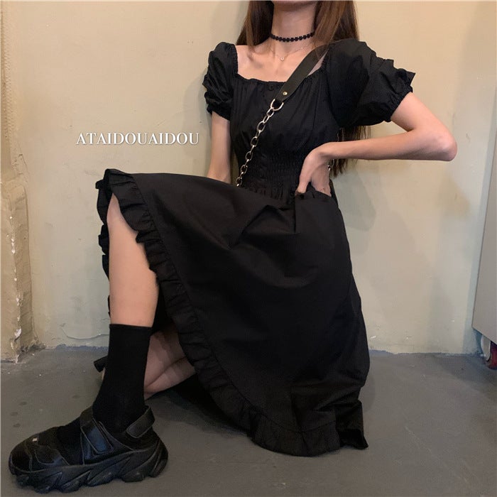 Summer 2024 New Arrival Retro French Style Tight Waist Slimming Ruffled Irregular Elegant Short-sleeved dress Womens Skirt Black