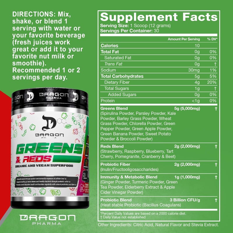 DRAGON PHARMA Greens and Reds Over 23 Nutritious Superfoods Reds and Vegetables Optimal Health and Wellness 30 Servings Original - Image 2
