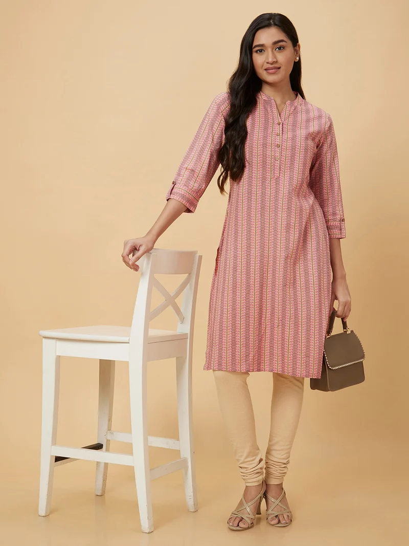 globus Globus Women Pink Ethnic Motifs Printed Mandarin Collar Rolled-Up Sleeves Pure Cotton Kurta