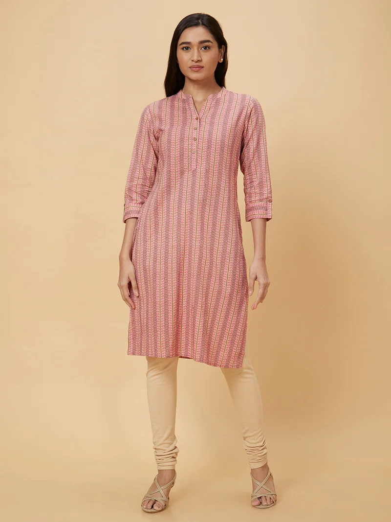 globus Globus Women Pink Ethnic Motifs Printed Mandarin Collar Rolled-Up Sleeves Pure Cotton Kurta