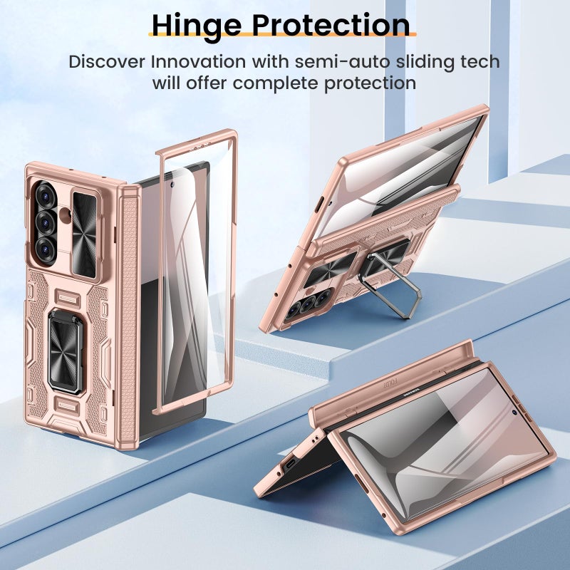 VEGO for Samsung Galaxy Z Fold 7 Case with Stand[Built in Screen Protector & Slide Lens Cover]Hinge Protection Hard Shell Rugged Kickstand Full Body Protective Phone Case for Z Fold 7 2025 - Rose Gold - Image 3