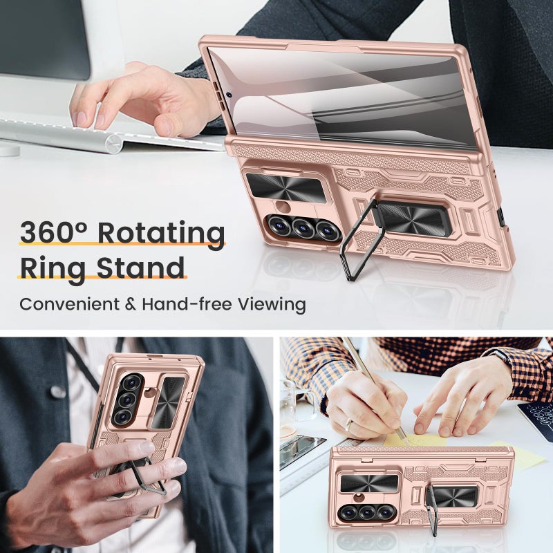 VEGO for Samsung Galaxy Z Fold 7 Case with Stand[Built in Screen Protector & Slide Lens Cover]Hinge Protection Hard Shell Rugged Kickstand Full Body Protective Phone Case for Z Fold 7 2025 - Rose Gold - Image 5
