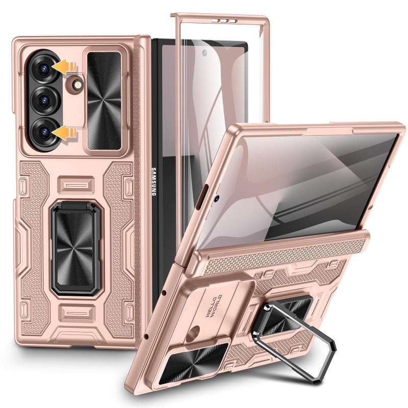 VEGO for Samsung Galaxy Z Fold 7 Case with Stand[Built in Screen Protector & Slide Lens Cover]Hinge Protection Hard Shell Rugged Kickstand Full Body Protective Phone Case for Z Fold 7 2025 - Rose Gold - Image 1