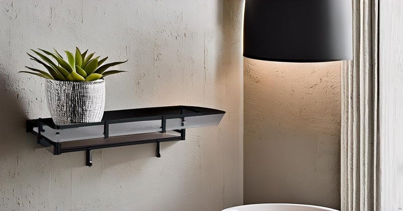 INOCI Neptune Series Black Finish 12x6 Stainless Steel Rectangular Glass Shelf with Hooks for Bathroom,Bedroom,Kitchen  - Image 4