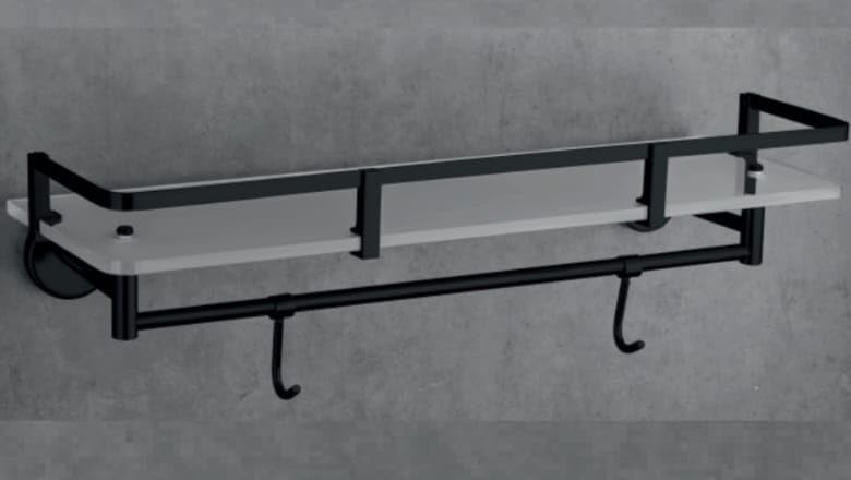 INOCI Neptune Series Black Finish 12x6 Stainless Steel Rectangular Glass Shelf with Hooks for Bathroom,Bedroom,Kitchen  - Image 2