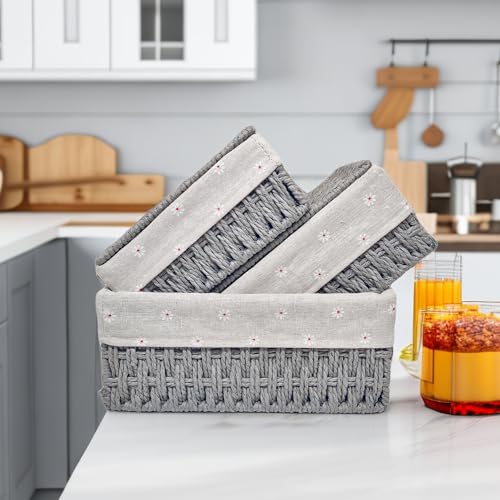 GIB cleaningtool GIB Small Wicker Storage Baskets with Lids and Liner, Rectangular Paper Rope Woven Baskets for Organizing, Decorative Boxes Boho Decor for Shelves Table Desktop Makeup Organizer, Set of 3, Grey - Image 4