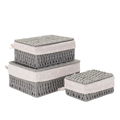 GIB cleaningtool GIB Small Wicker Storage Baskets with Lids and Liner, Rectangular Paper Rope Woven Baskets for Organizing, Decorative Boxes Boho Decor for Shelves Table Desktop Makeup Organizer, Set of 3, Grey - Image 1