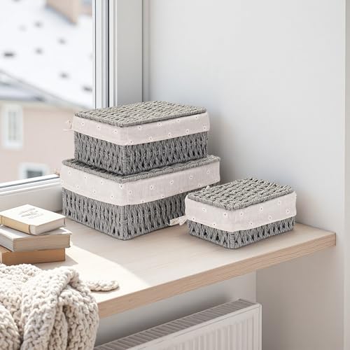 GIB cleaningtool GIB Small Wicker Storage Baskets with Lids and Liner, Rectangular Paper Rope Woven Baskets for Organizing, Decorative Boxes Boho Decor for Shelves Table Desktop Makeup Organizer, Set of 3, Grey - Image 2