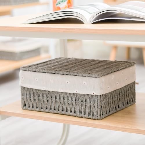 GIB cleaningtool GIB Small Wicker Storage Baskets with Lids and Liner, Rectangular Paper Rope Woven Baskets for Organizing, Decorative Boxes Boho Decor for Shelves Table Desktop Makeup Organizer, Set of 3, Grey - Image 3
