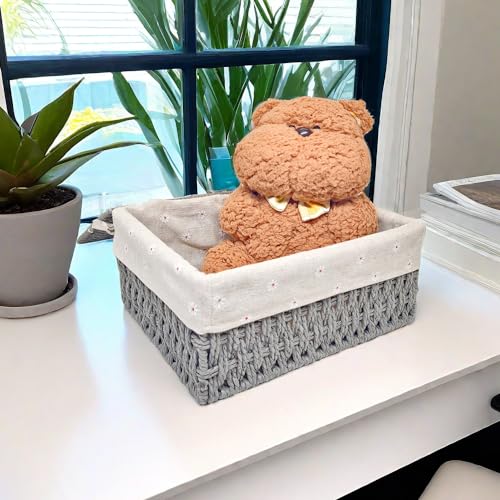GIB cleaningtool GIB Small Wicker Storage Baskets with Lids and Liner, Rectangular Paper Rope Woven Baskets for Organizing, Decorative Boxes Boho Decor for Shelves Table Desktop Makeup Organizer, Set of 3, Grey - Image 5