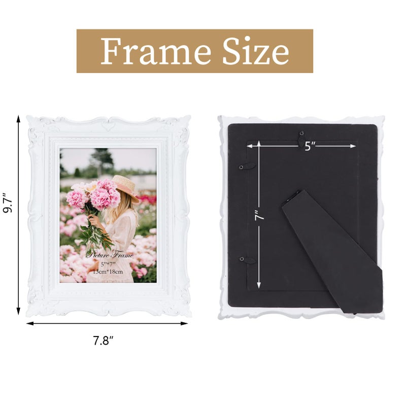 PHAREGE 5x7 White Vintage Picture Frame, 5 by 7 Ornate Antique Picture Frame for Wedding, Retro Photo Frame Displays Horizontally or Vertically On Tabletop - Image 2