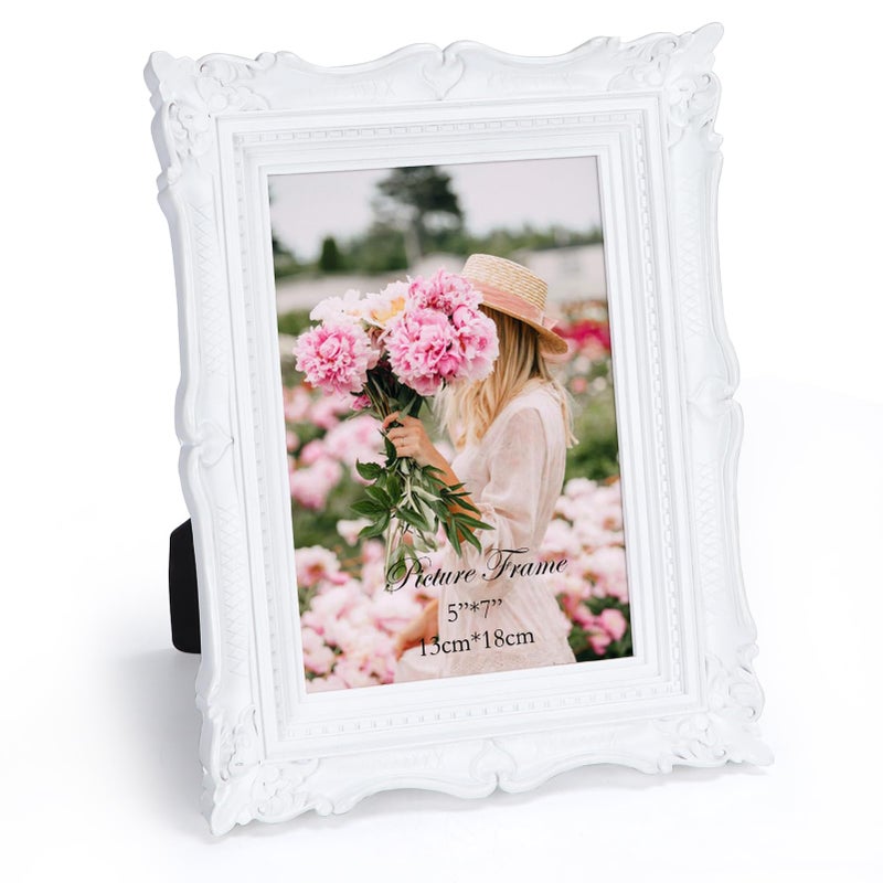PHAREGE 5x7 White Vintage Picture Frame, 5 by 7 Ornate Antique Picture Frame for Wedding, Retro Photo Frame Displays Horizontally or Vertically On Tabletop - Image 1