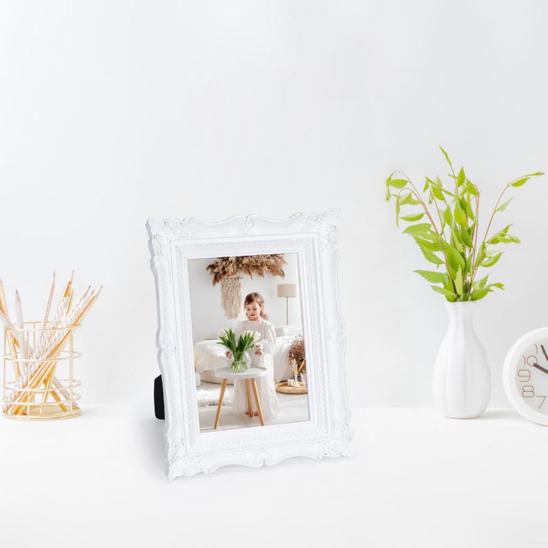 PHAREGE 5x7 White Vintage Picture Frame, 5 by 7 Ornate Antique Picture Frame for Wedding, Retro Photo Frame Displays Horizontally or Vertically On Tabletop - Image 4