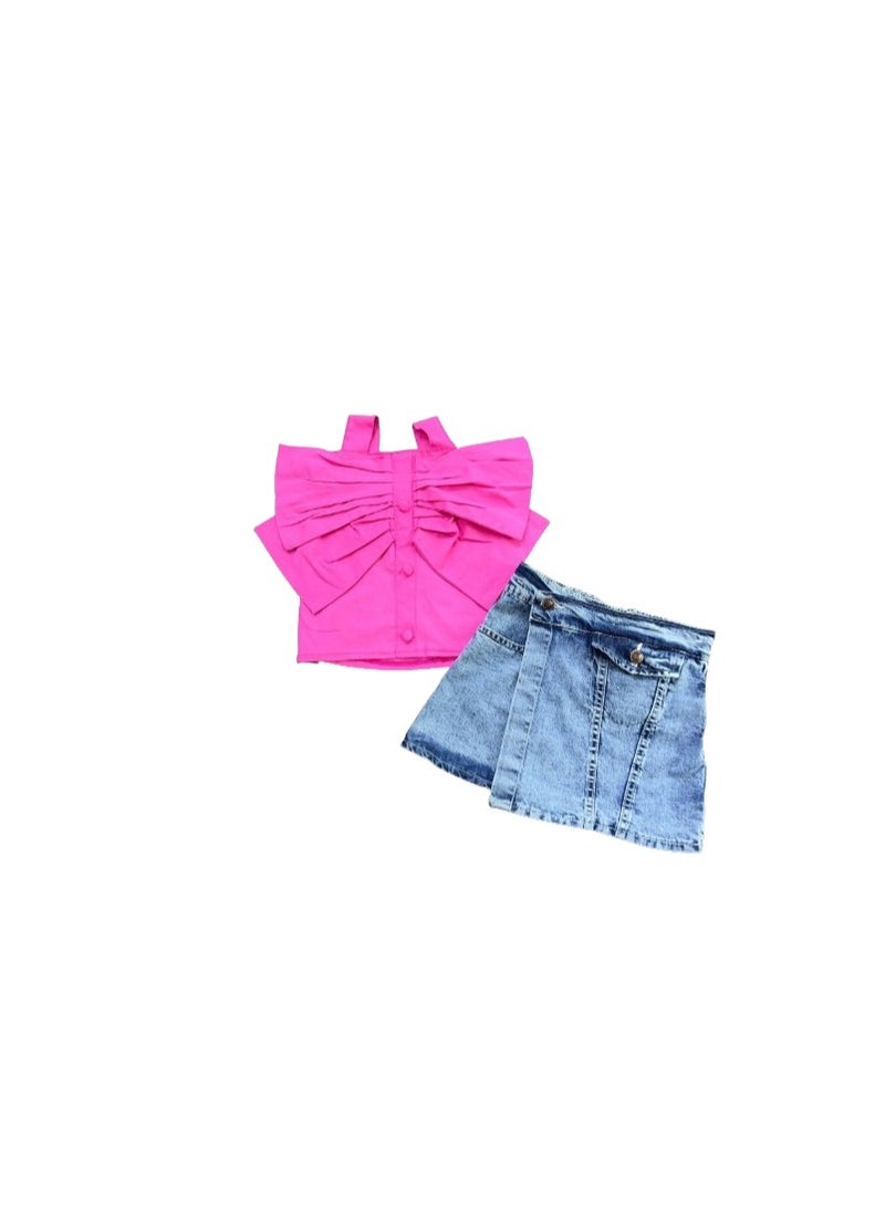 Generic - Girls two-piece set, pink blouse and jeans pocket - Image 1