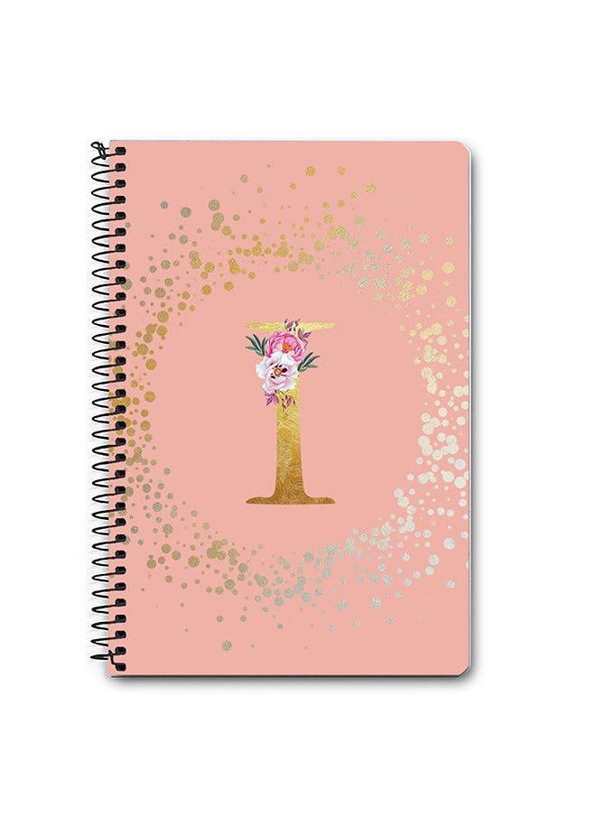 Designer A5 Spiral Notebook Memo Notepad Journal - Custom Monogram Initial Letter Floral Pattern Alphabet - I - Rose Pink